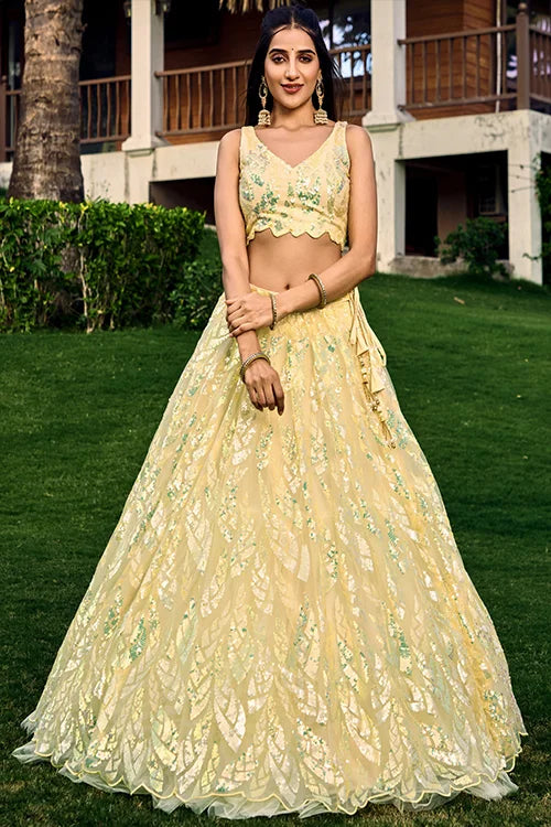 Wedding Wear Yellow Lehenga Choli Thread With Multiple Sequins Embroidered Work