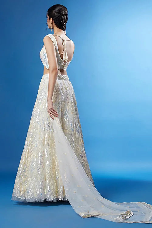 White Soft Net Bollywood Sequins Lehenga Set Online