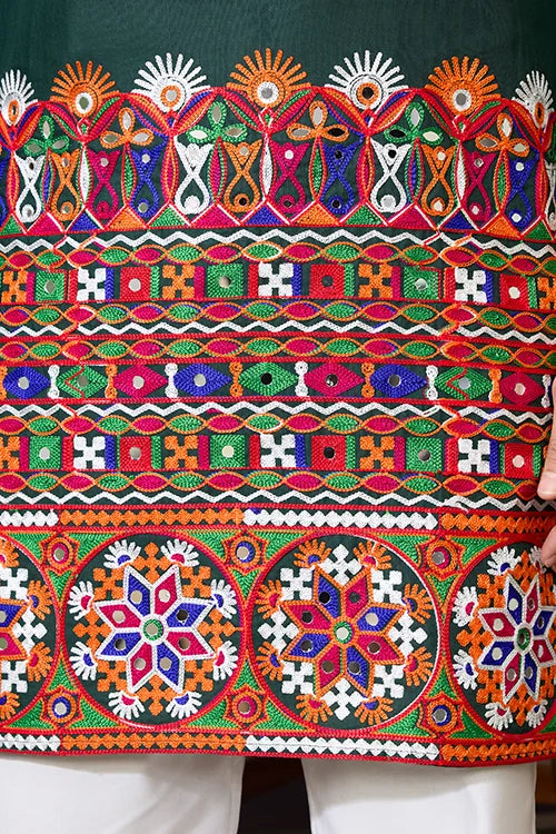 Navratri Style Green Cotton Readymade Kurta for Men