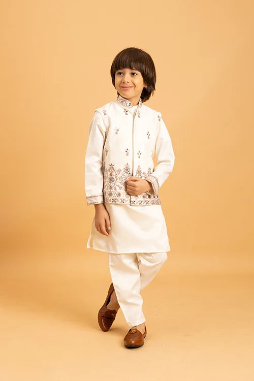 Premium White Mirror Work Koti Kurta Set for Boys