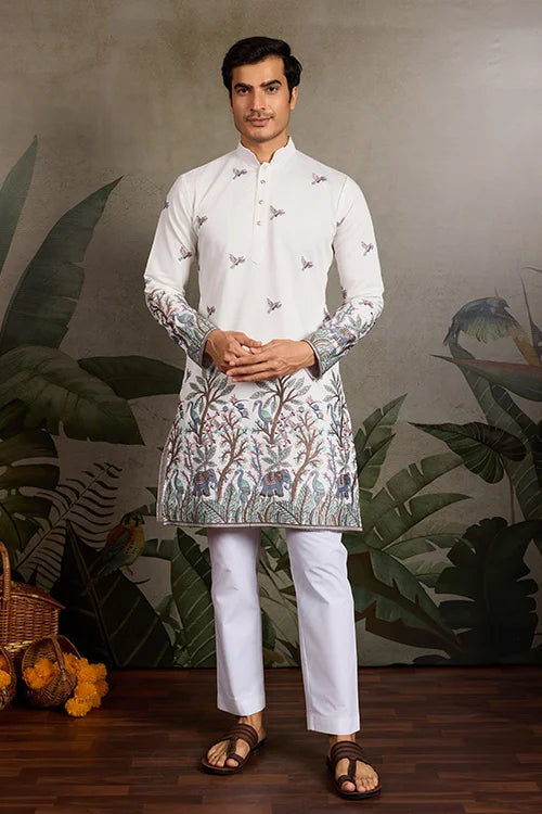White Embroidered Work Kurta for Groom Wedding Look