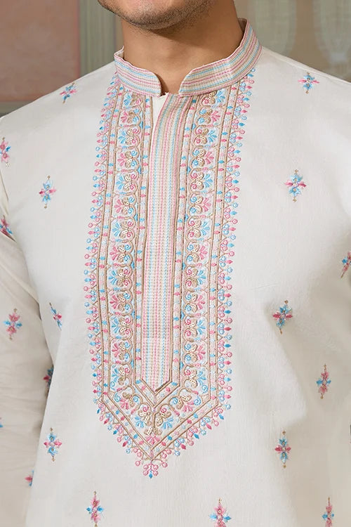 Ethnic White Embroidered Koti Kurta Set for Men