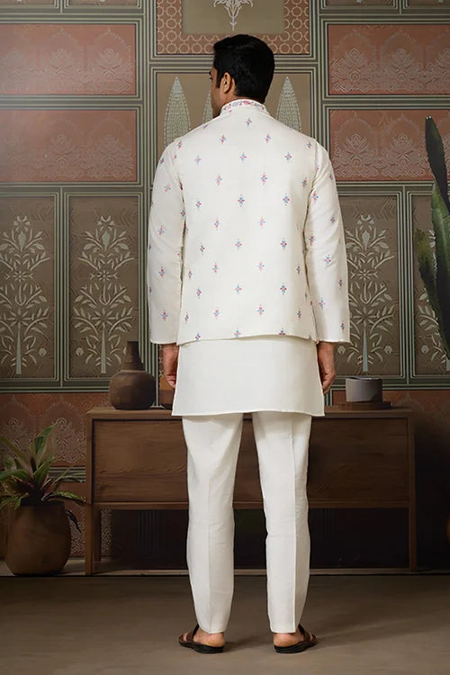 Ethnic White Embroidered Koti Kurta Set for Men