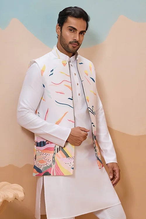 White Wedding Wear Carnival Koti Kurta Pair for Mens Wear