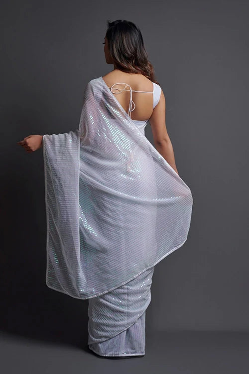 Embroidered Pure Heavy Georgette Silk Saree in White