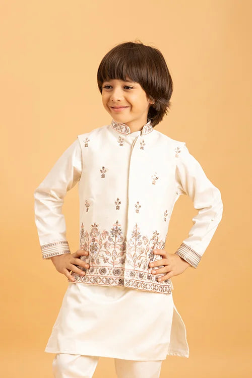 Premium White Mirror Work Koti Kurta Set for Boys