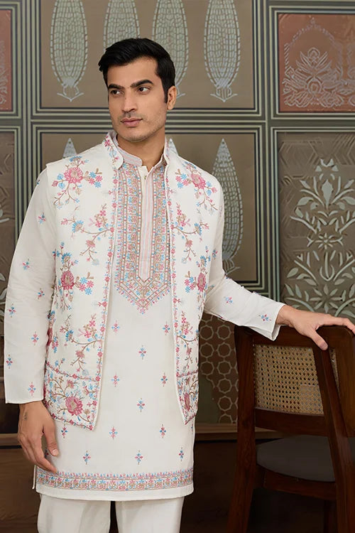 Ethnic White Embroidered Koti Kurta Set for Men