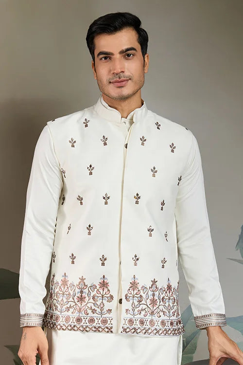 Cultural Function Special White Color Kurta Koti for Men