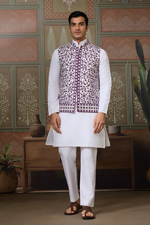 Classic White Mens Kurta Pajama with Stylish Purple Koti