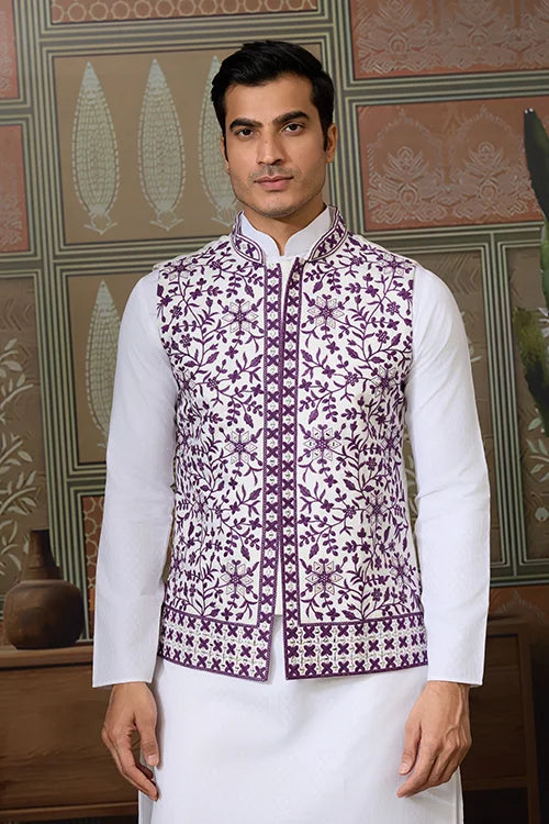 Classic White Mens Kurta Pajama with Stylish Purple Koti
