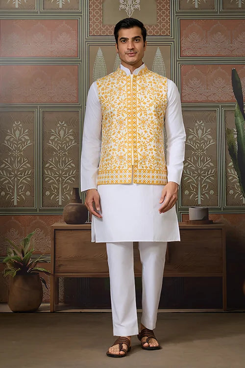 Haldi Special Yellow Koti with White Kurta for Mens