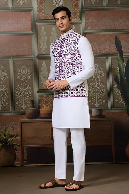 Classic White Mens Kurta Pajama with Stylish Purple Koti