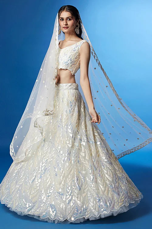 White Soft Net Bollywood Sequins Lehenga Set Online