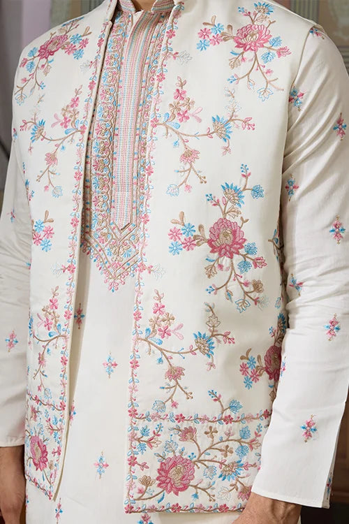 Ethnic White Embroidered Koti Kurta Set for Men