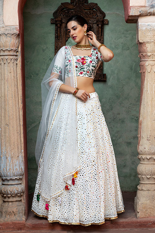 White Color Exclusive Sequins Work Embellishments Lehenga Choli Collection