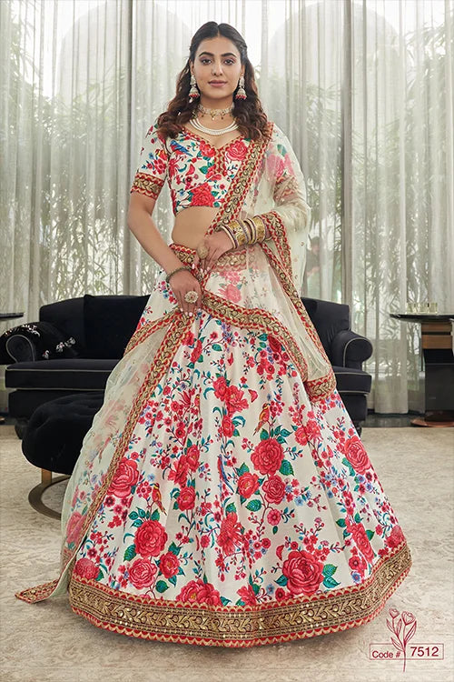 White Red Art Silk Digital Print With Sequins Lehenga Choli