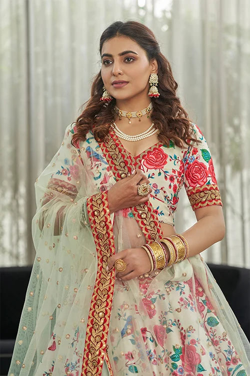 White Red Art Silk Digital Print With Sequins Lehenga Choli