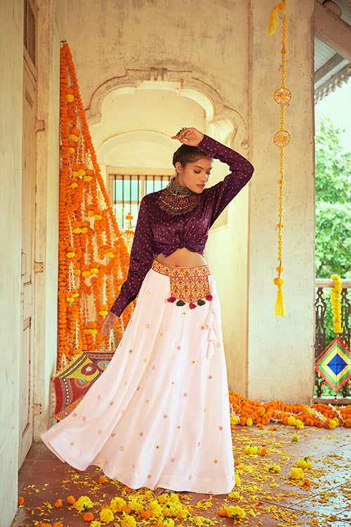 Purple Gajji Silk Prined Work Navratri Crop-Top Skirt