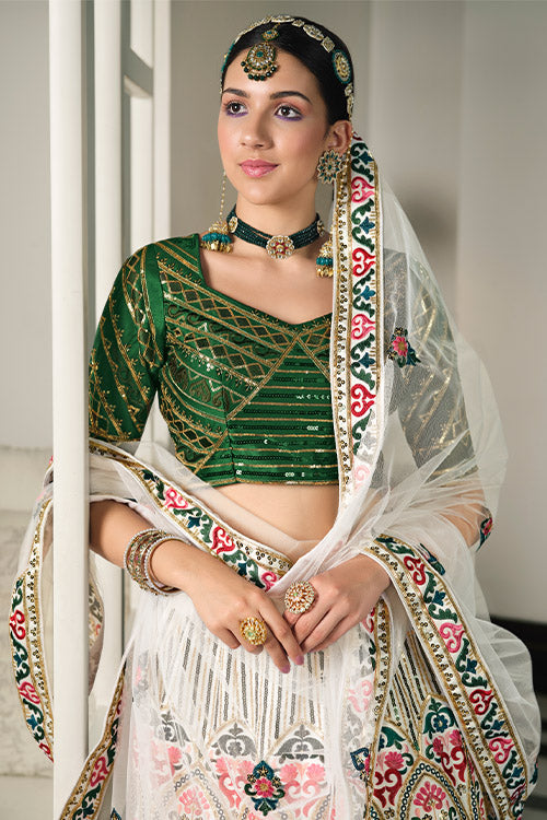 White Silk Thread With Sequince Embroidered Lehenga Choli