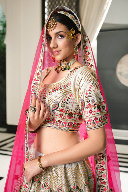 White Silk Thread With Sequince Embroidered Lehenga Choli