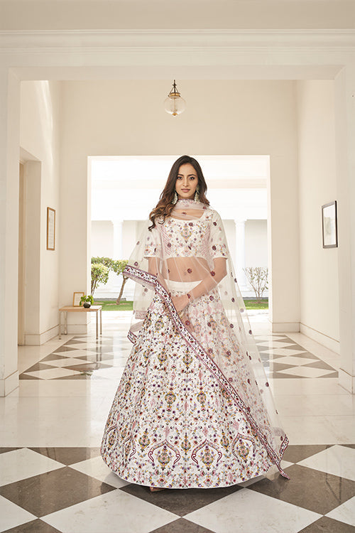 White Silk Thread With Sequins Embroidered Lehenga Choli