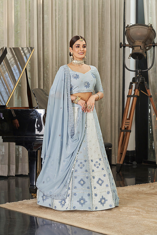 White Thread With Sequins Embroidered Lehenga Choli