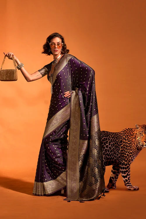Wine Banarasi Silk Saree with Kashmiri Weaving Work