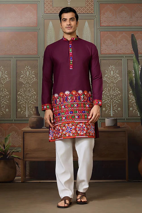 Navratri Wine Cotton Kurta for Mens with Pajama