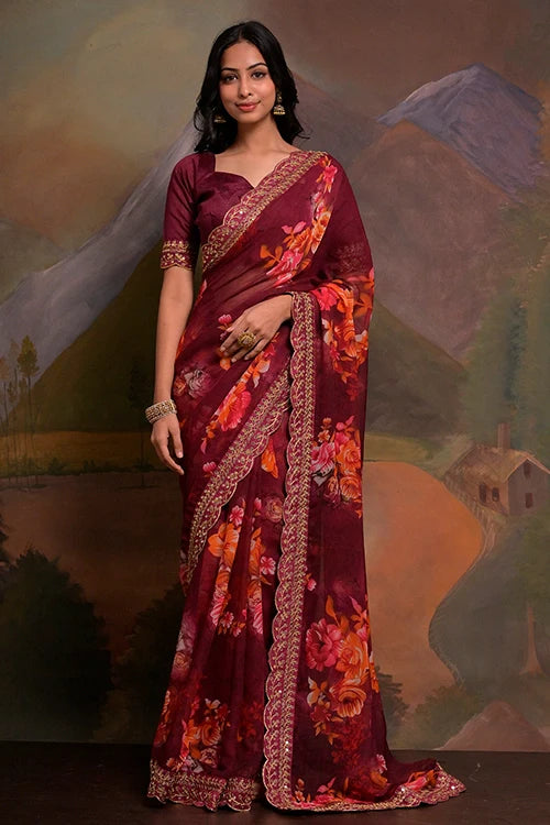 Wine Georgette Saree with Embroidery & Lace Border
