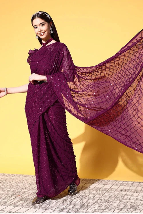 Designer Wine Saree & Blouse for Weddings & Parties