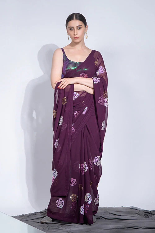 Wine Georgette Saree with Sequin Blouse | Bollywood Style