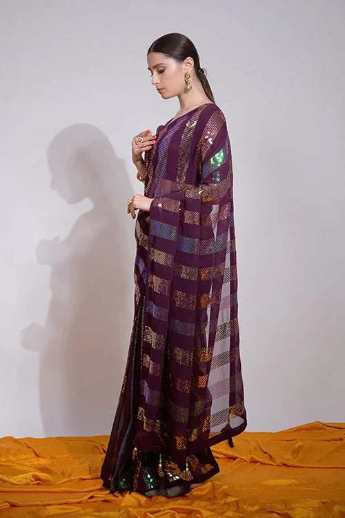 Beautiful Wine Saree with Fancy Embroidery Work
