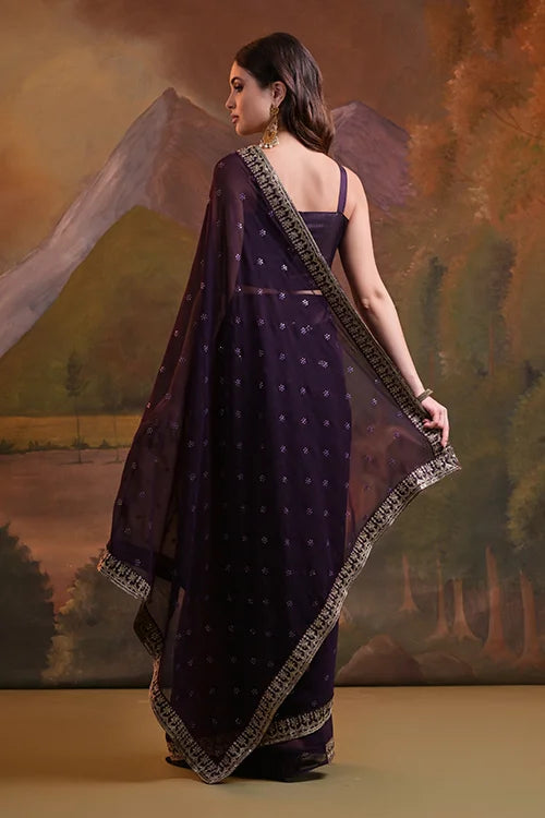 Stylish Wine Saree with Sequence Lace Border Online