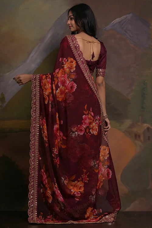 Wine Georgette Saree with Embroidery & Lace Border