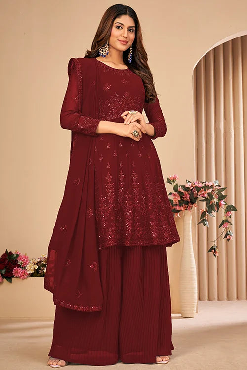 Womens Wear Faux Georgette Thread And Sequins Embroidered Sharara Set