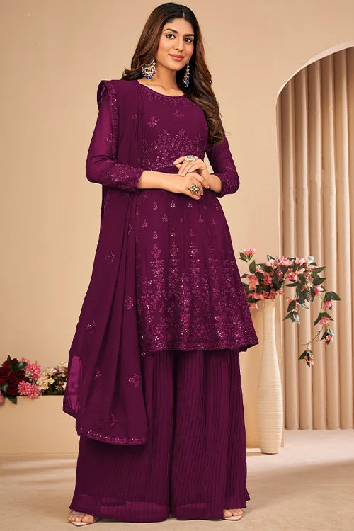 Womens Wear Faux Georgette Thread And Sequins Embroidered Sharara Set