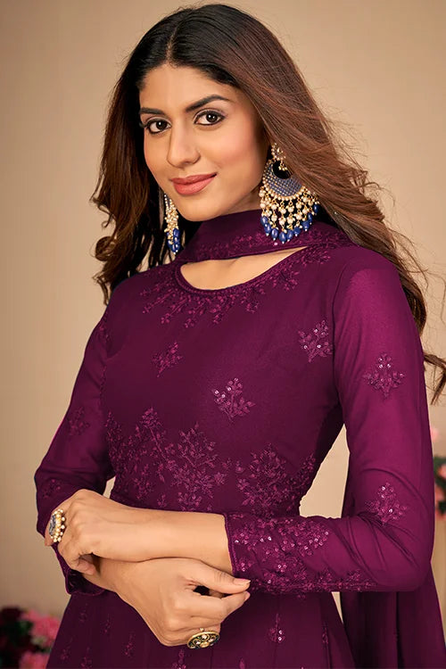 Womens Wear Faux Georgette Thread And Sequins Embroidered Sharara Set