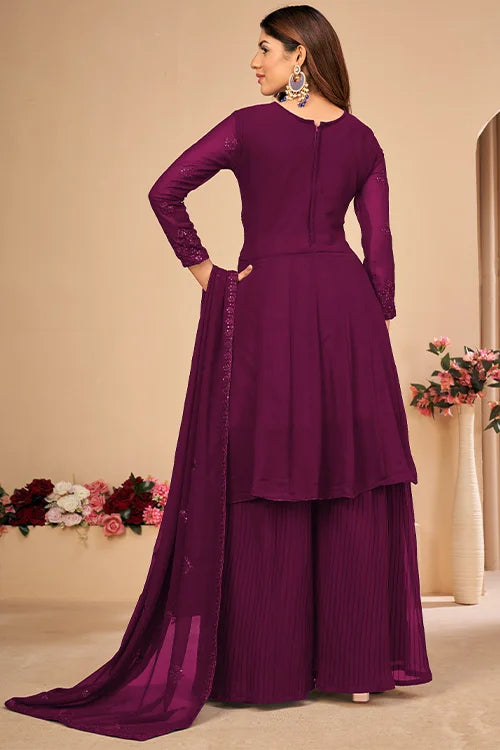 Womens Wear Faux Georgette Thread And Sequins Embroidered Sharara Set