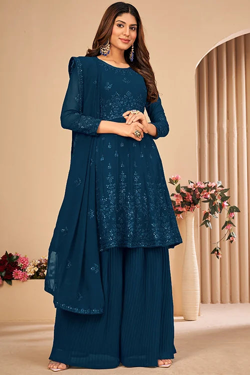 Womens Wear Faux Georgette Thread And Sequins Embroidered Sharara Set