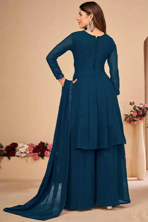 Womens Wear Faux Georgette Thread And Sequins Embroidered Sharara Set