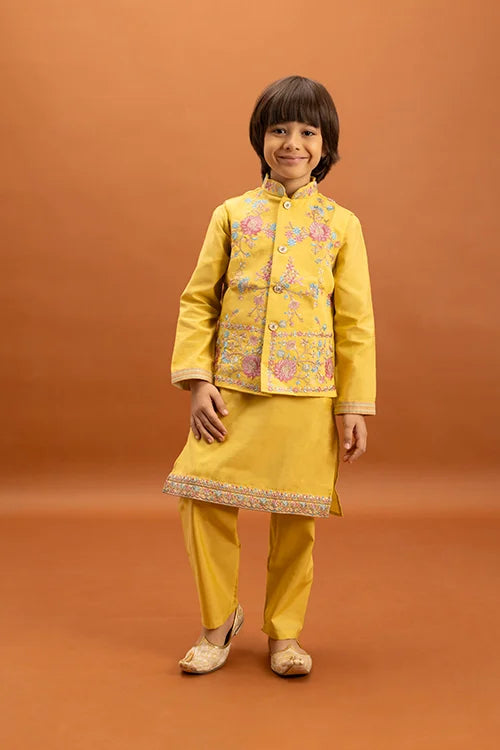 Haldi Celebration Kids Wear Yellow Kurta Pajama with Koti