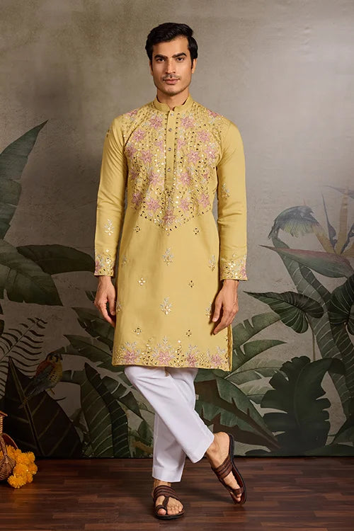 Haldi Special Outfit Mirror Work Mens Kurta Set