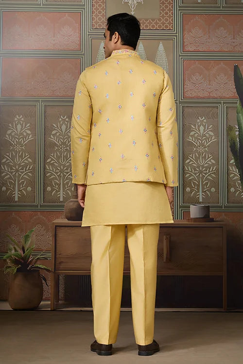 Trending Yellow Haldi Ceremony Koti Kurta for Men