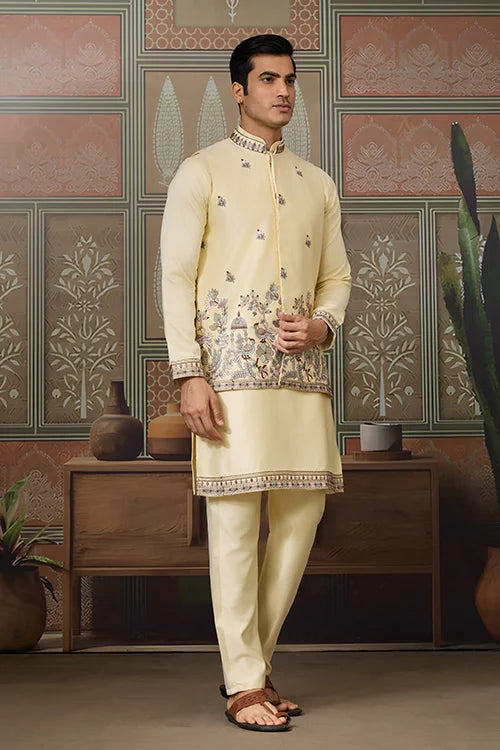 Haldi Special Light Yellow Koti Kurta Set for Mens Wear