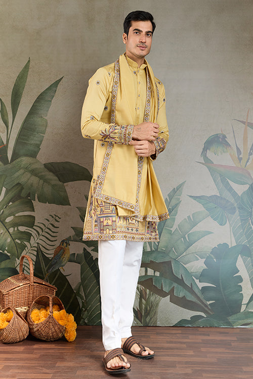 Haldi Special Yellow Embroidered Kurta Pajama Set For Men