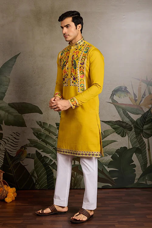 Haldi Special Yellow Embroidered Kurta for Men
