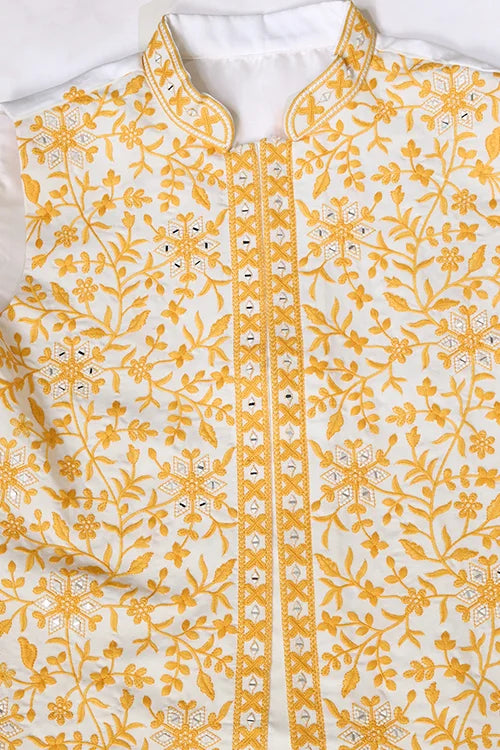 Haldi Special Yellow Koti with White Kurta for Mens