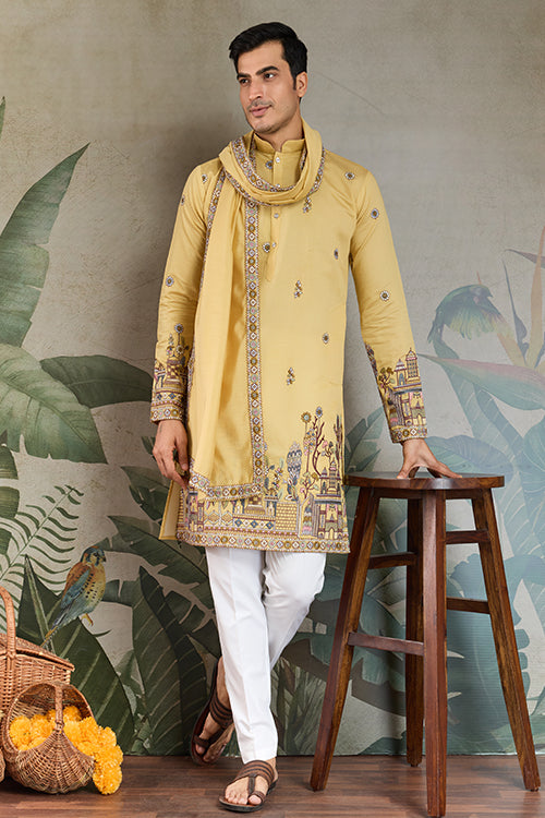 Haldi Special Yellow Embroidered Kurta Pajama Set For Men