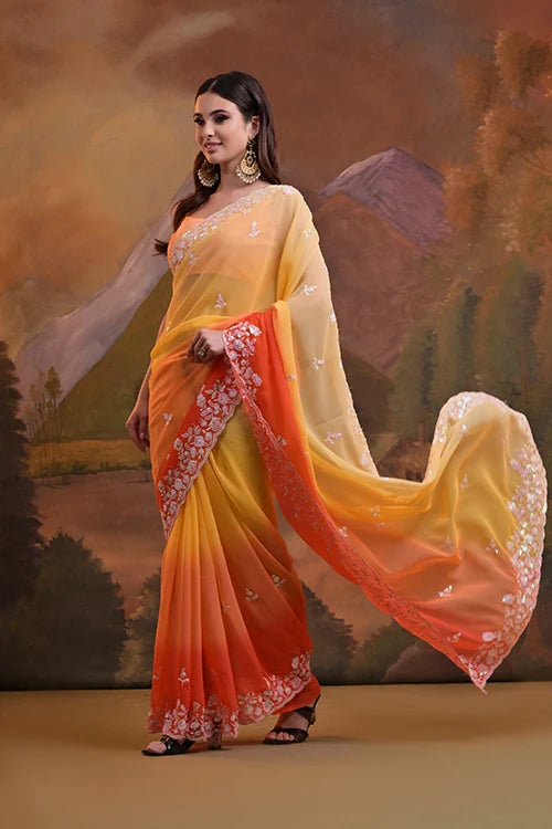 Stylish Yellow Georgette Saree for Party Wear