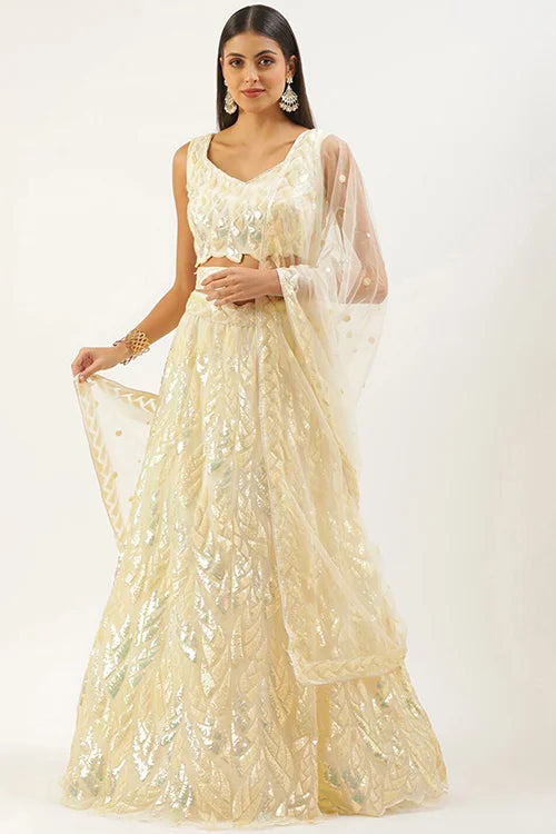 Yellow Soft Net Lehenga Choli with Thread Embroidery